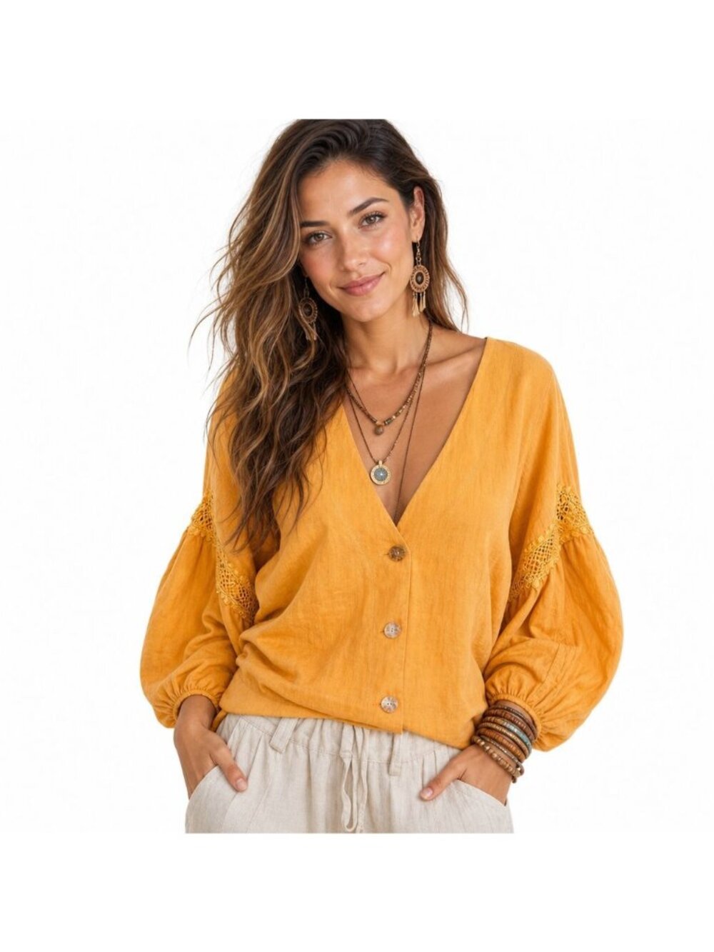 Karlie Womens Mustard Yellow 100% Cotton Button Cardigan Lace Balloon Sleeve L